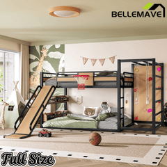 Bellemave® Kids Metal Twin/Full Bunk Bed with Slide, Basketball Hoop and Climbing Wall, Space - Saving Play Loft Bed Frame, Black - Bellemave