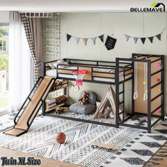 Bellemave® Kids Metal Twin/Full Bunk Bed with Slide, Basketball Hoop and Climbing Wall, Space-Saving Play Loft Bed Frame, Black - Bellemave