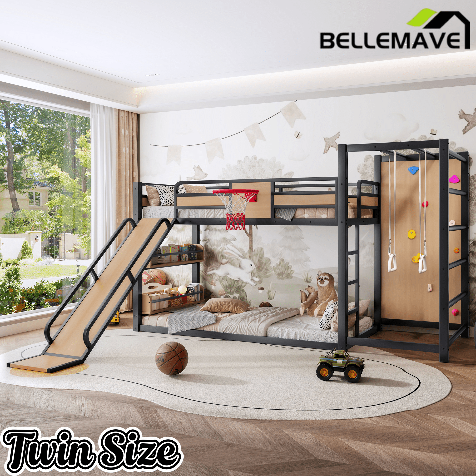 Bellemave® Kids Metal Twin/Full Bunk Bed with Slide, Basketball Hoop and Climbing Wall, Space - Saving Play Loft Bed Frame, Black - Bellemave