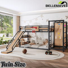 Bellemave® Kids Metal Twin/Full Bunk Bed with Slide, Basketball Hoop and Climbing Wall, Space - Saving Play Loft Bed Frame, Black - Bellemave
