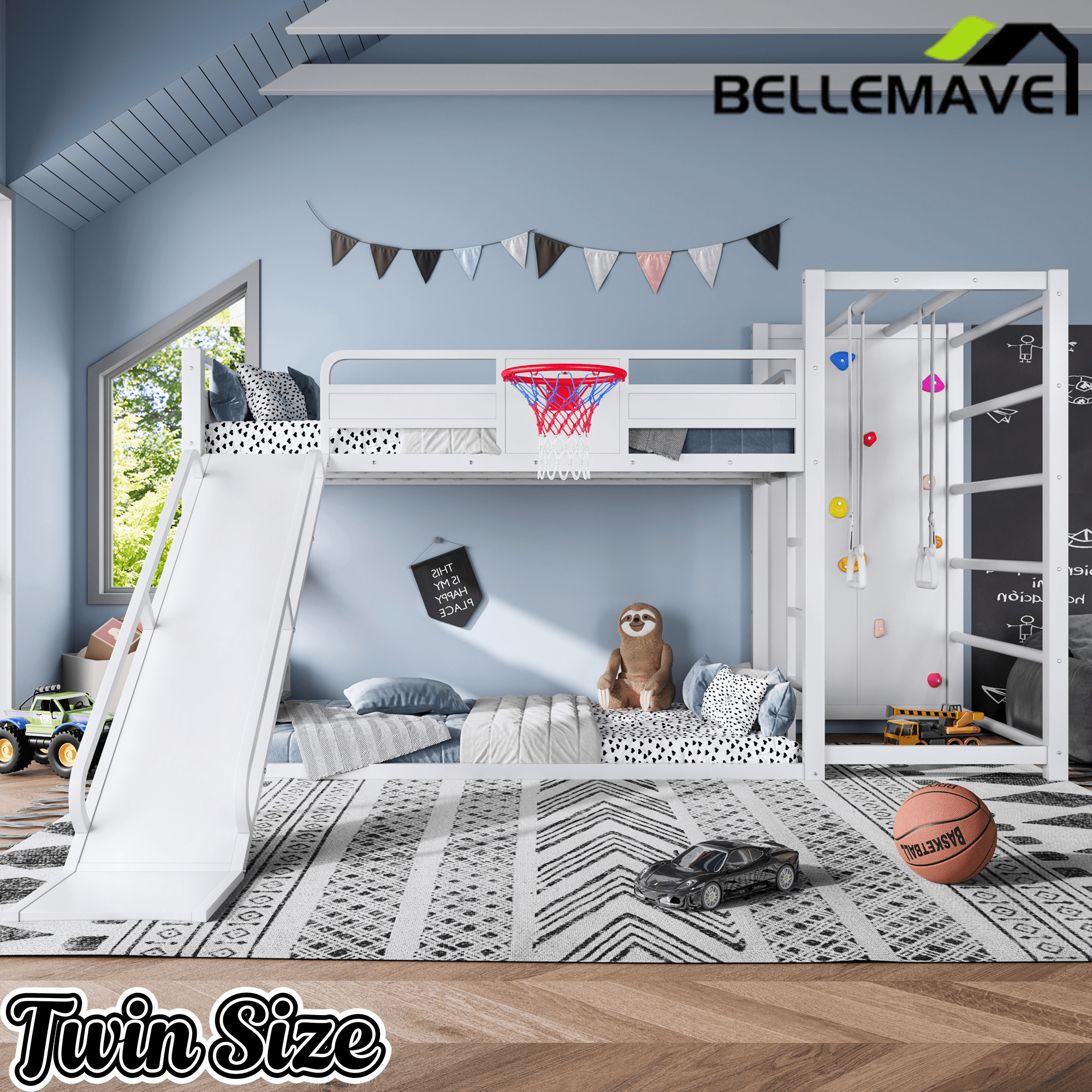 Bellemave® Kids Metal Twin/Full Bunk Bed with Slide, Basketball Hoop and Climbing Wall, Space - Saving Play Loft Bed Frame, Black - Bellemave
