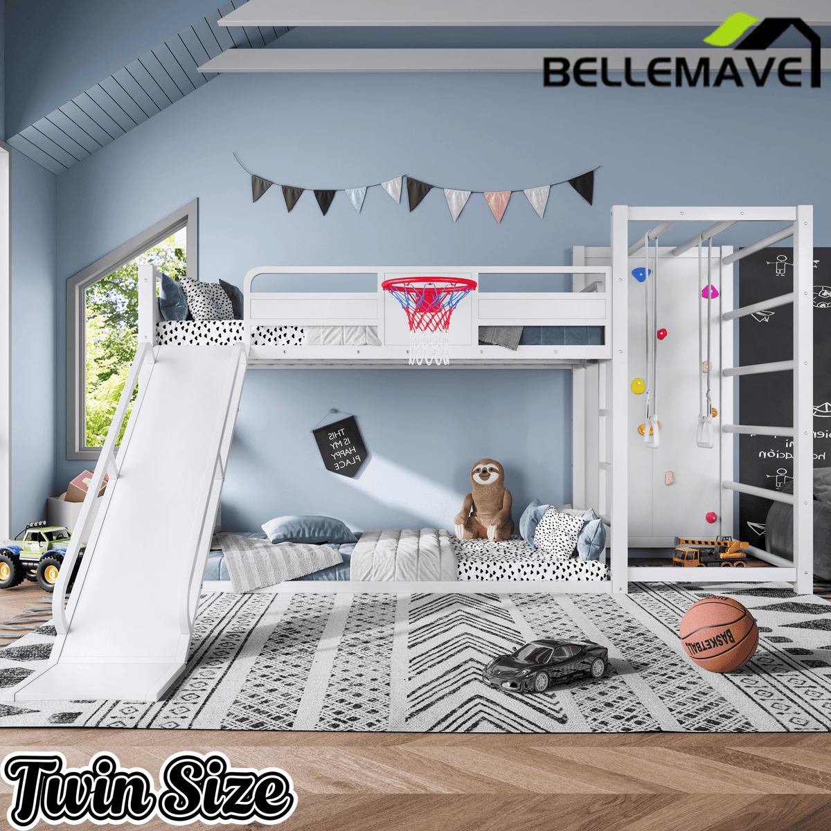 Bellemave® Kids Metal Twin/Full Bunk Bed with Slide, Basketball Hoop and Climbing Wall, Space - Saving Play Loft Bed Frame, Black - Bellemave