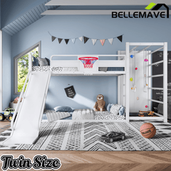 Bellemave® Kids Metal Twin/Full Bunk Bed with Slide, Basketball Hoop and Climbing Wall, Space - Saving Play Loft Bed Frame, Black - Bellemave