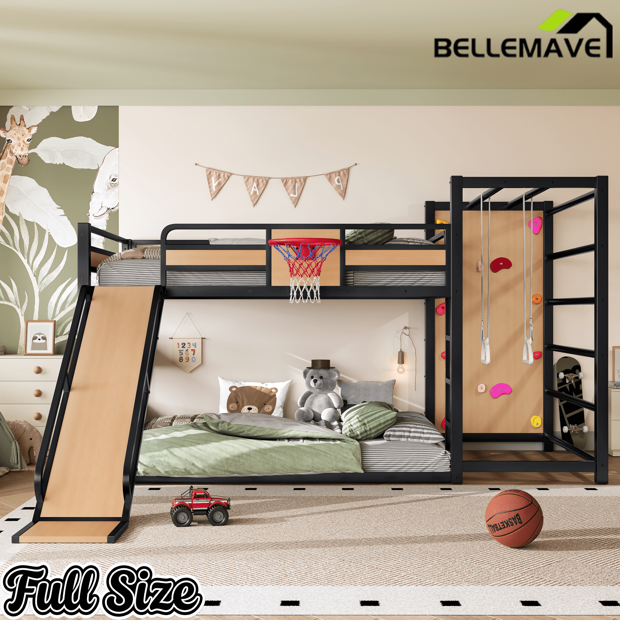 Bellemave® Kids Metal Twin/Full Bunk Bed with Slide, Basketball Hoop and Climbing Wall, Space - Saving Play Loft Bed Frame, Black - Bellemave