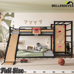 Bellemave® Kids Metal Twin/Full Bunk Bed with Slide, Basketball Hoop and Climbing Wall, Space - Saving Play Loft Bed Frame, Black - Bellemave