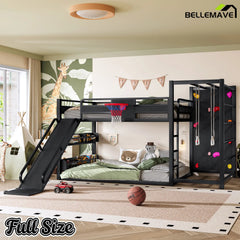 Bellemave® Kids Metal Twin/Full Bunk Bed with Slide, Basketball Hoop and Climbing Wall, Space - Saving Play Loft Bed Frame, Black - Bellemave