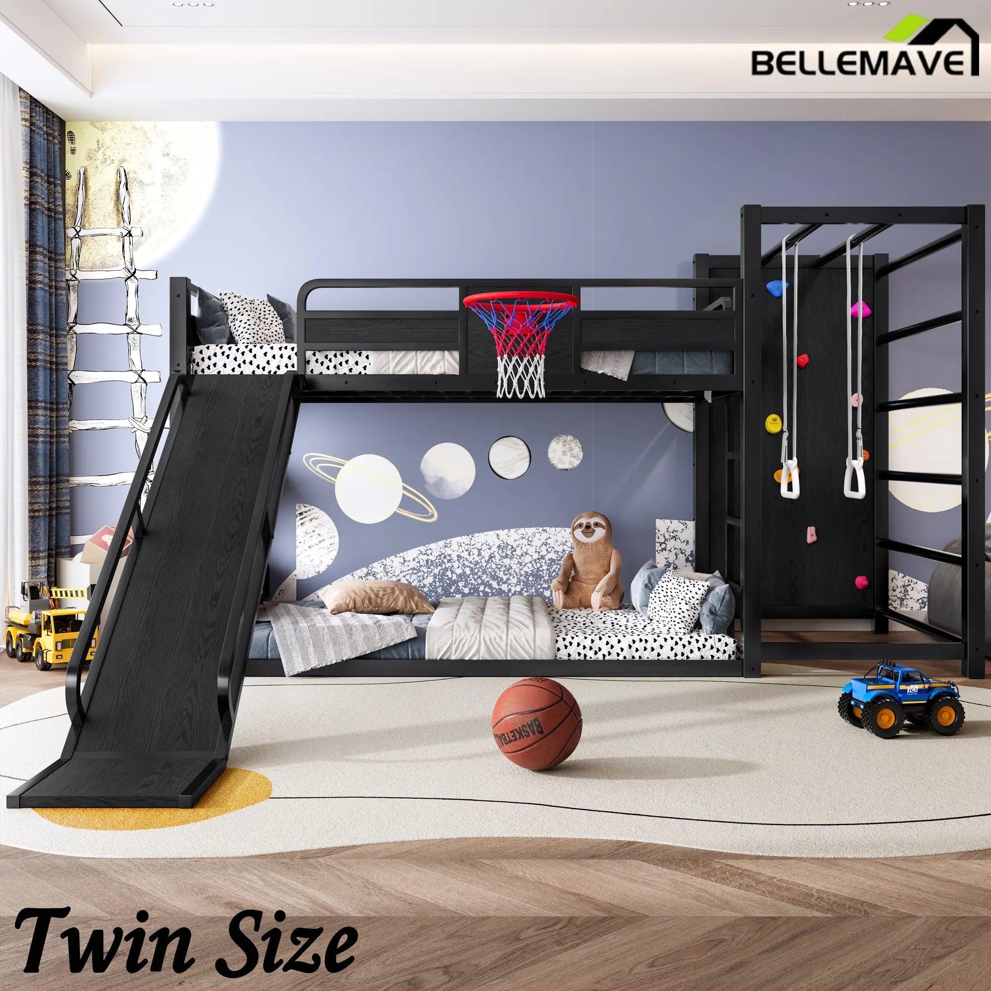 Bellemave® Kids Metal Twin/Full Bunk Bed with Slide, Basketball Hoop and Climbing Wall, Space - Saving Play Loft Bed Frame, Black - Bellemave