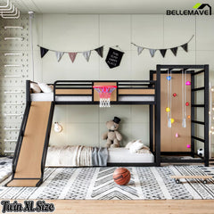 Bellemave® Kids Metal Twin/Full Bunk Bed with Slide, Basketball Hoop and Climbing Wall, Space-Saving Play Loft Bed Frame, Black - Bellemave