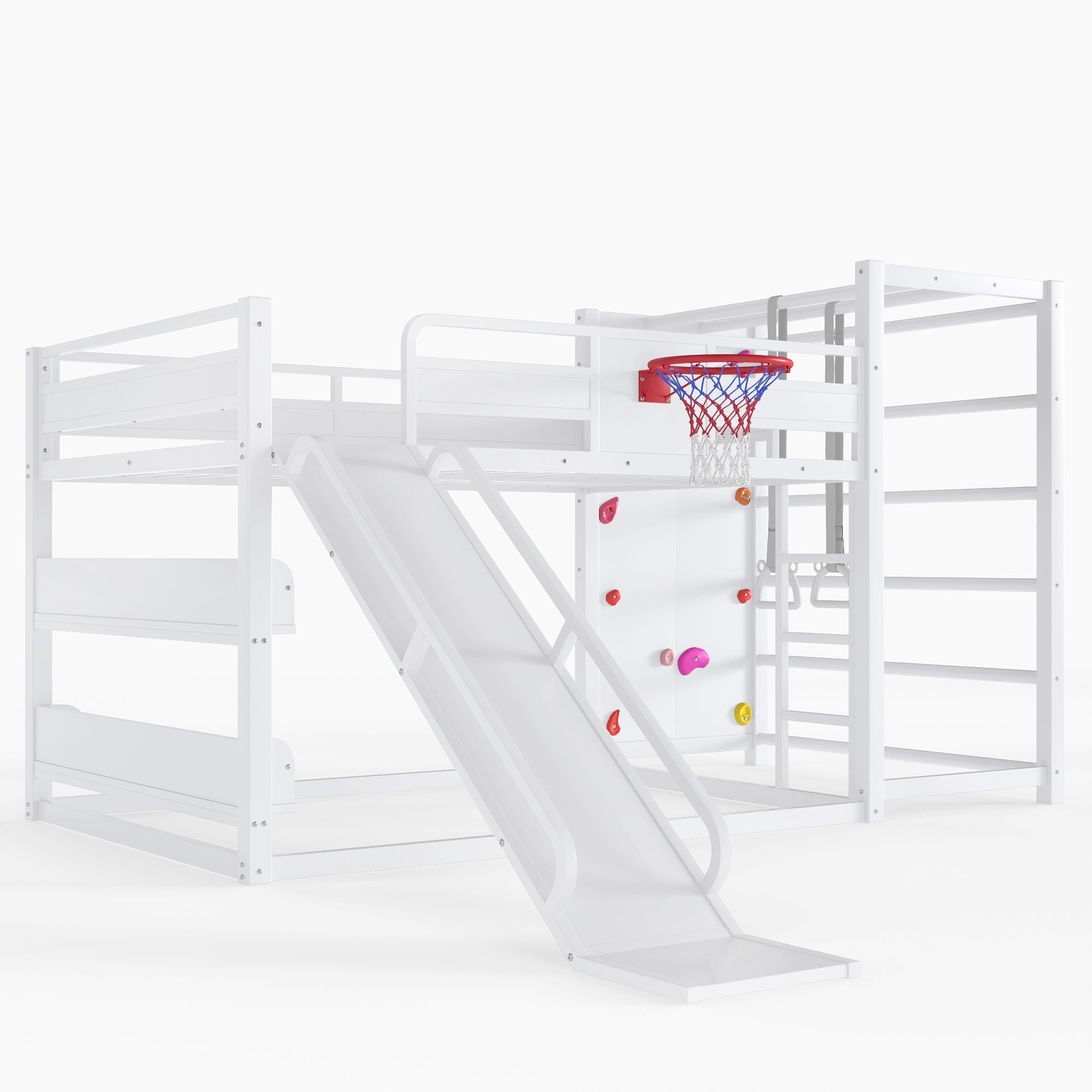 Bellemave® Kids Metal Twin/Full Bunk Bed with Slide, Basketball Hoop and Climbing Wall, Space - Saving Play Loft Bed Frame, Black - Bellemave