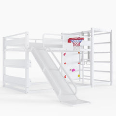 Bellemave® Kids Metal Twin/Full Bunk Bed with Slide, Basketball Hoop and Climbing Wall, Space - Saving Play Loft Bed Frame, Black - Bellemave