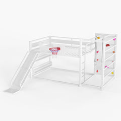 Bellemave® Kids Metal Twin/Full Bunk Bed with Slide, Basketball Hoop and Climbing Wall, Space - Saving Play Loft Bed Frame, Black - Bellemave