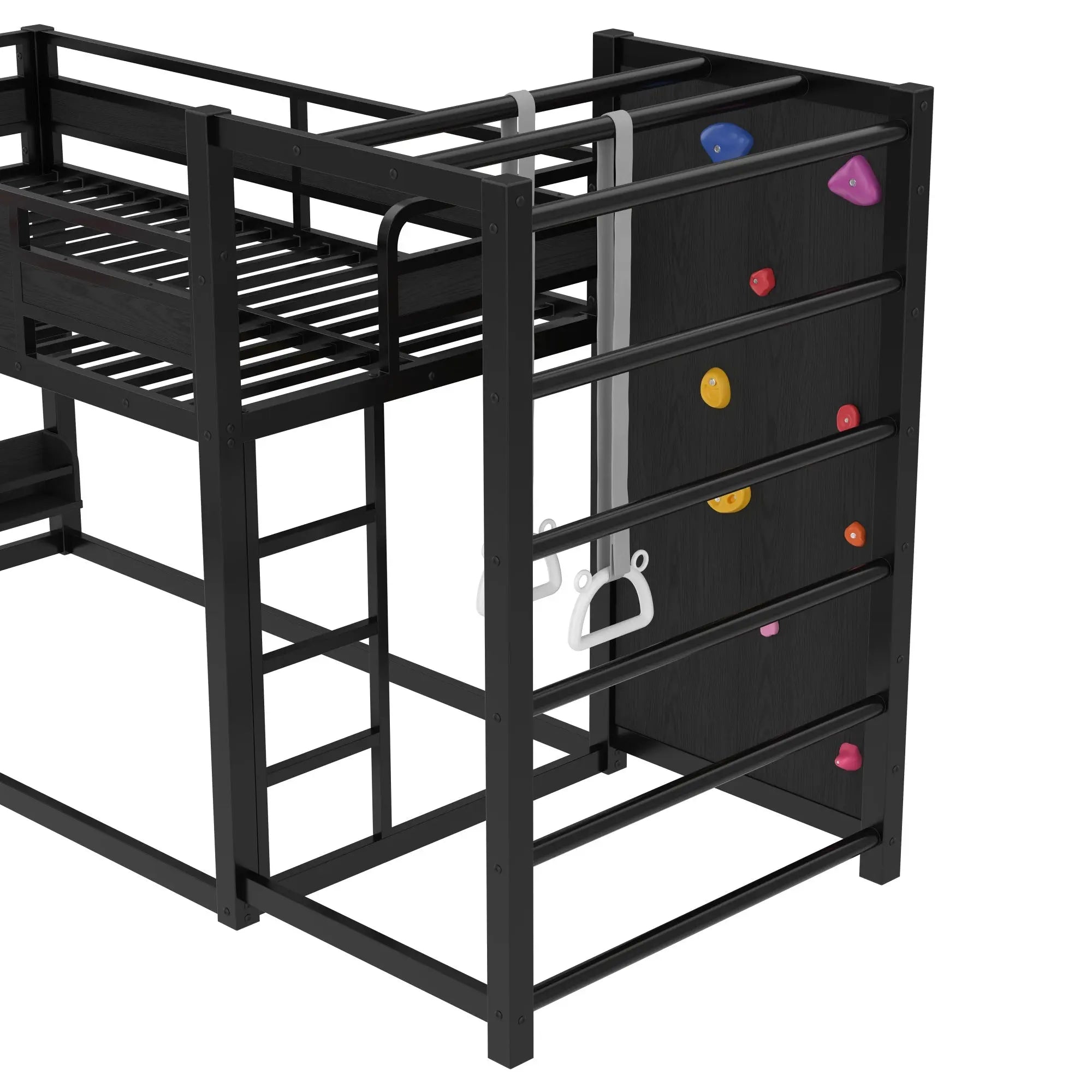 Bellemave® Kids Metal Twin/Full Bunk Bed with Slide, Basketball Hoop and Climbing Wall, Space - Saving Play Loft Bed Frame, Black - Bellemave