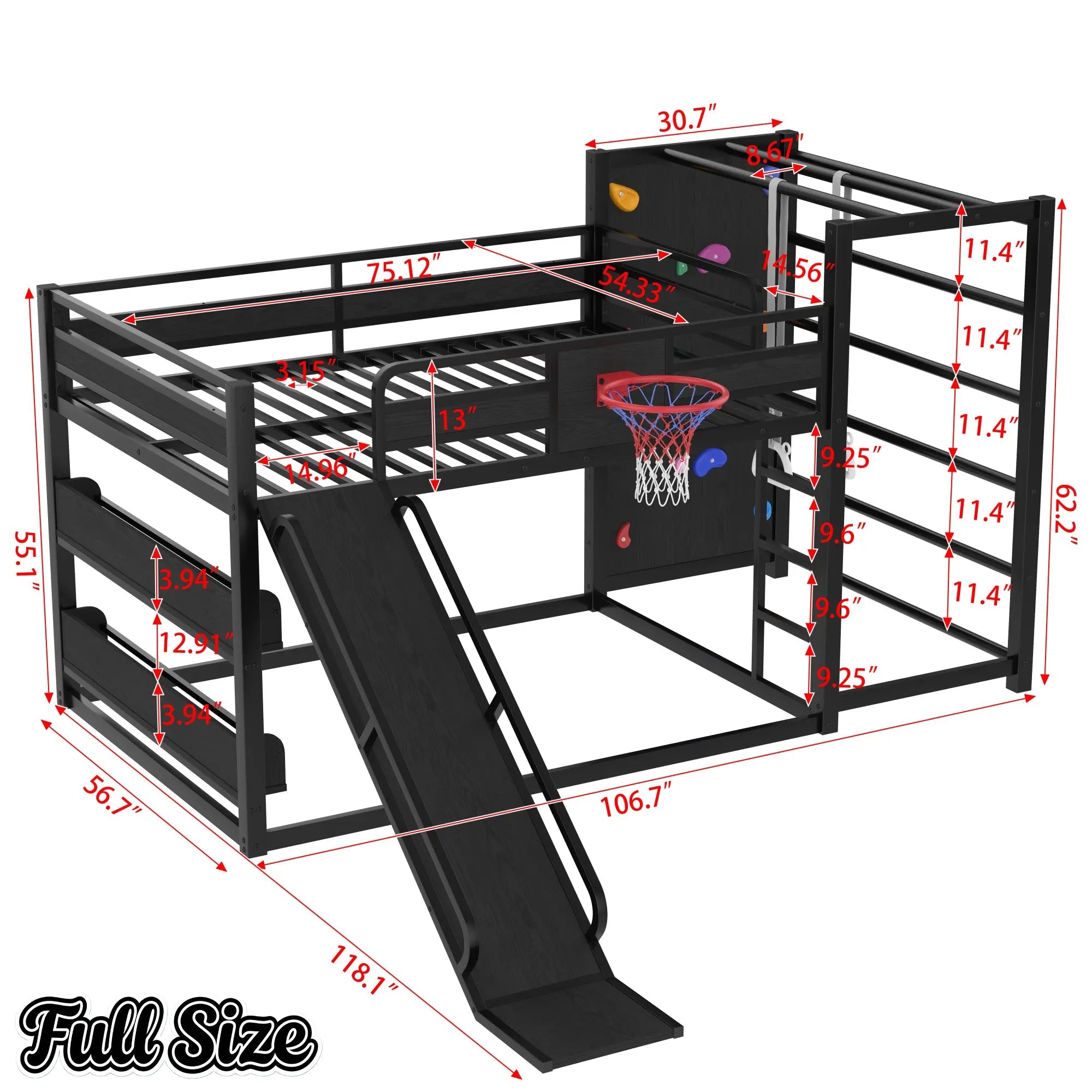 Bellemave® Kids Metal Twin/Full Bunk Bed with Slide, Basketball Hoop and Climbing Wall, Space - Saving Play Loft Bed Frame, Black - Bellemave
