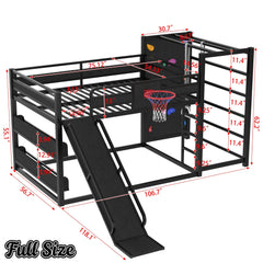 Bellemave® Kids Metal Twin/Full Bunk Bed with Slide, Basketball Hoop and Climbing Wall, Space - Saving Play Loft Bed Frame, Black - Bellemave