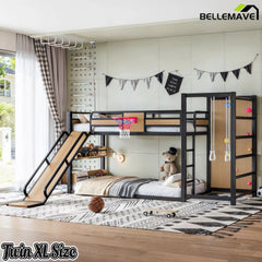 Bellemave® Kids Metal Twin/Full Bunk Bed with Slide, Basketball Hoop and Climbing Wall, Space-Saving Play Loft Bed Frame, Black - Bellemave