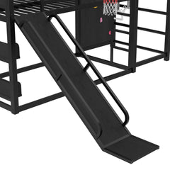 Bellemave® Kids Metal Twin/Full Bunk Bed with Slide, Basketball Hoop and Climbing Wall, Space - Saving Play Loft Bed Frame, Black - Bellemave