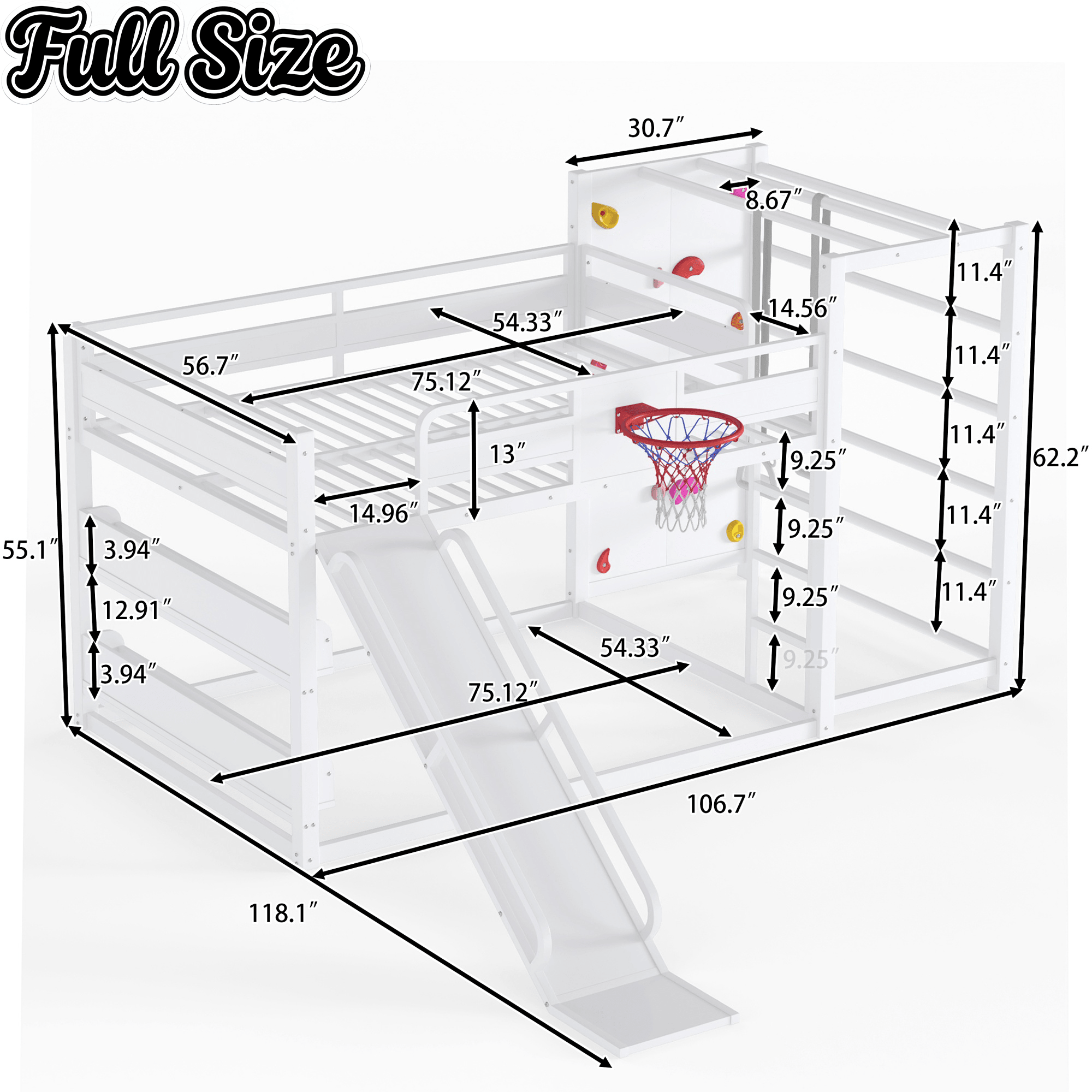 Bellemave® Kids Metal Twin/Full Bunk Bed with Slide, Basketball Hoop and Climbing Wall, Space - Saving Play Loft Bed Frame, Black - Bellemave
