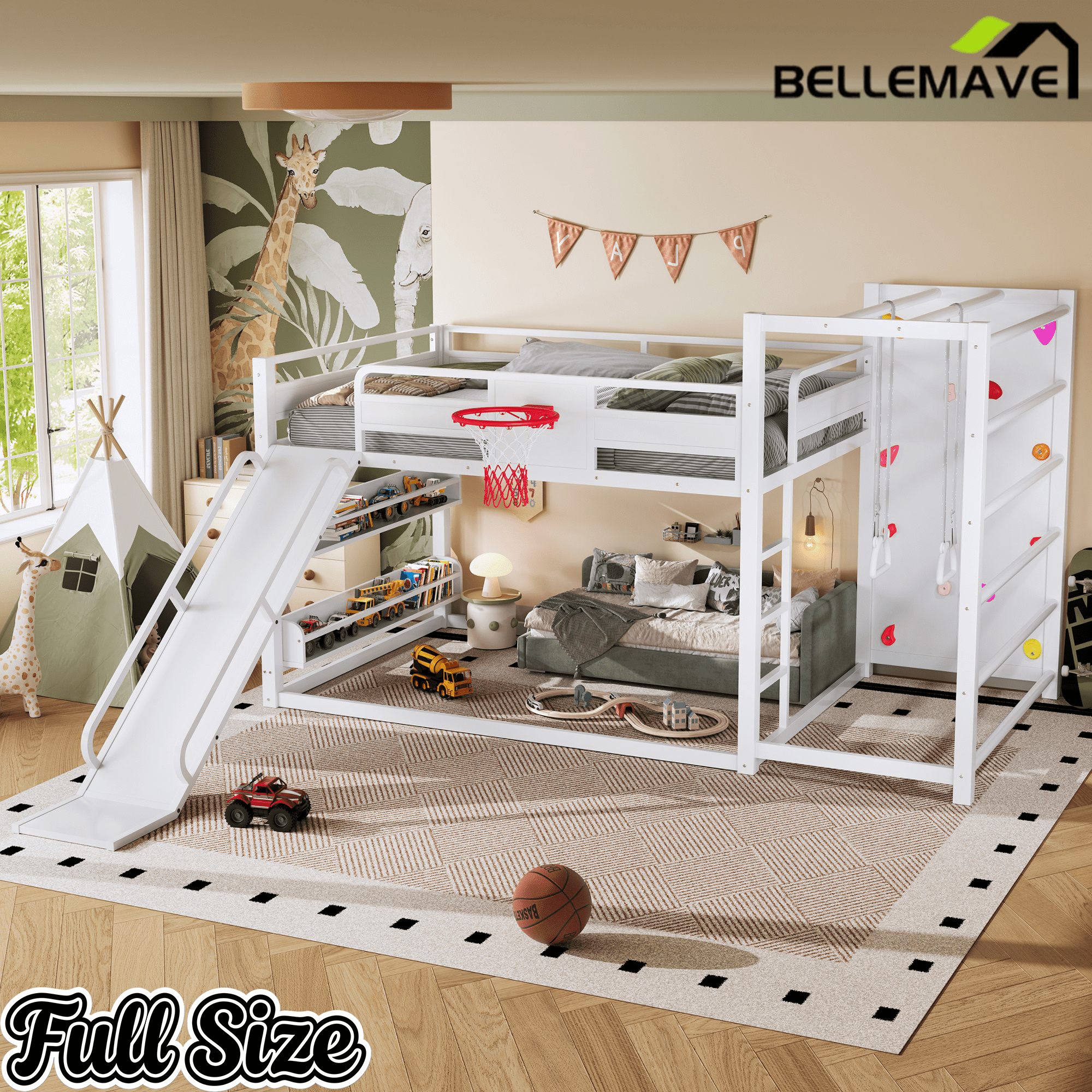 Bellemave® Kids Metal Twin/Full Bunk Bed with Slide, Basketball Hoop and Climbing Wall, Space - Saving Play Loft Bed Frame, Black - Bellemave