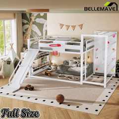 Bellemave® Kids Metal Twin/Full Bunk Bed with Slide, Basketball Hoop and Climbing Wall, Space - Saving Play Loft Bed Frame, Black - Bellemave