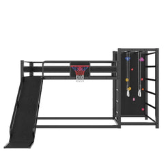 Bellemave® Kids Metal Twin/Full Bunk Bed with Slide, Basketball Hoop and Climbing Wall, Space - Saving Play Loft Bed Frame, Black - Bellemave