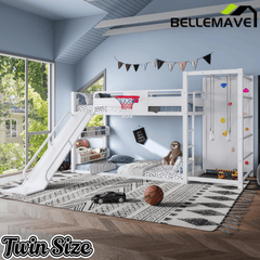 Bellemave® Kids Metal Twin/Full Bunk Bed with Slide, Basketball Hoop and Climbing Wall, Space - Saving Play Loft Bed Frame, Black - Bellemave