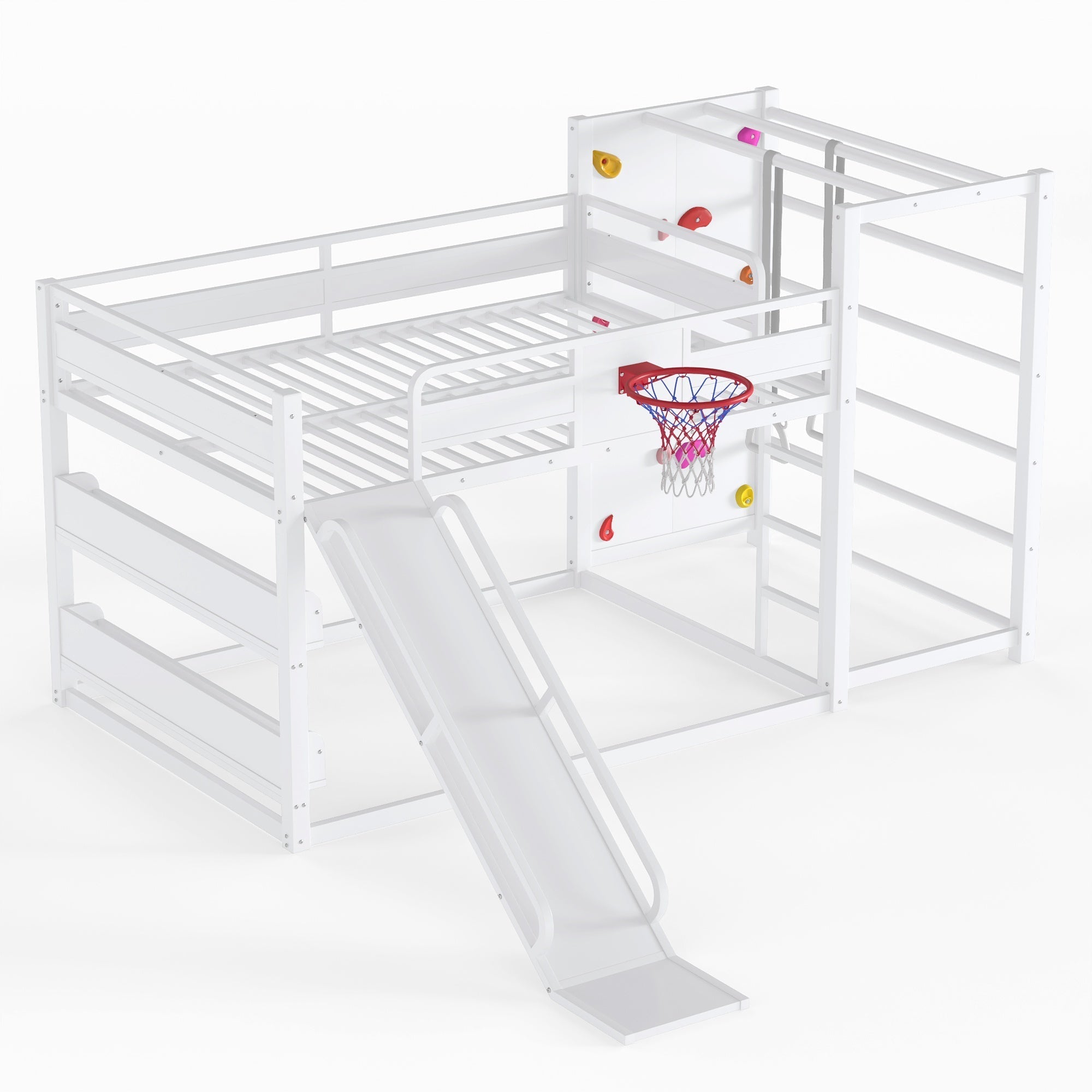 Bellemave® Kids Metal Twin/Full Bunk Bed with Slide, Basketball Hoop and Climbing Wall, Space - Saving Play Loft Bed Frame, Black - Bellemave
