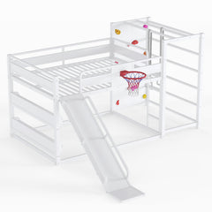 Bellemave® Kids Metal Twin/Full Bunk Bed with Slide, Basketball Hoop and Climbing Wall, Space - Saving Play Loft Bed Frame, Black - Bellemave