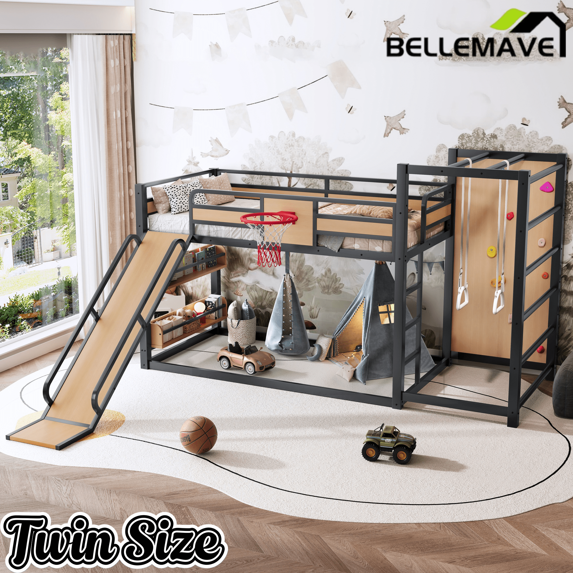 Bellemave® Kids Metal Twin/Full Bunk Bed with Slide, Basketball Hoop and Climbing Wall, Space - Saving Play Loft Bed Frame, Black - Bellemave