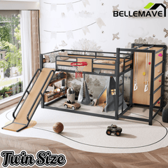Bellemave® Kids Metal Twin/Full Bunk Bed with Slide, Basketball Hoop and Climbing Wall, Space - Saving Play Loft Bed Frame, Black - Bellemave