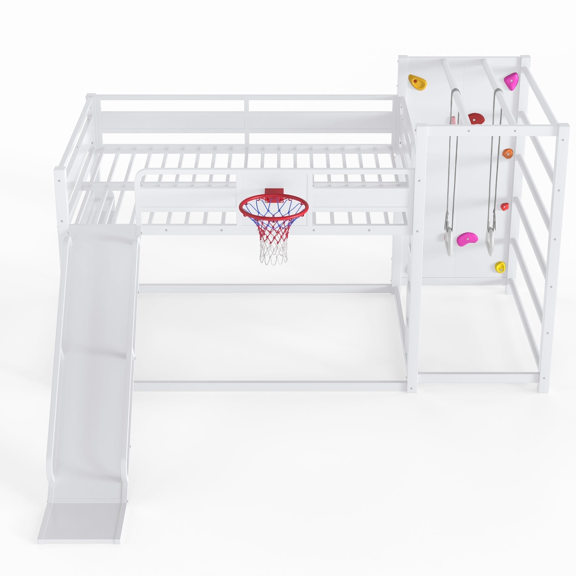 Bellemave® Kids Metal Twin/Full Bunk Bed with Slide, Basketball Hoop and Climbing Wall, Space - Saving Play Loft Bed Frame, Black - Bellemave