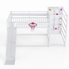 Bellemave® Kids Metal Twin/Full Bunk Bed with Slide, Basketball Hoop and Climbing Wall, Space - Saving Play Loft Bed Frame, Black - Bellemave
