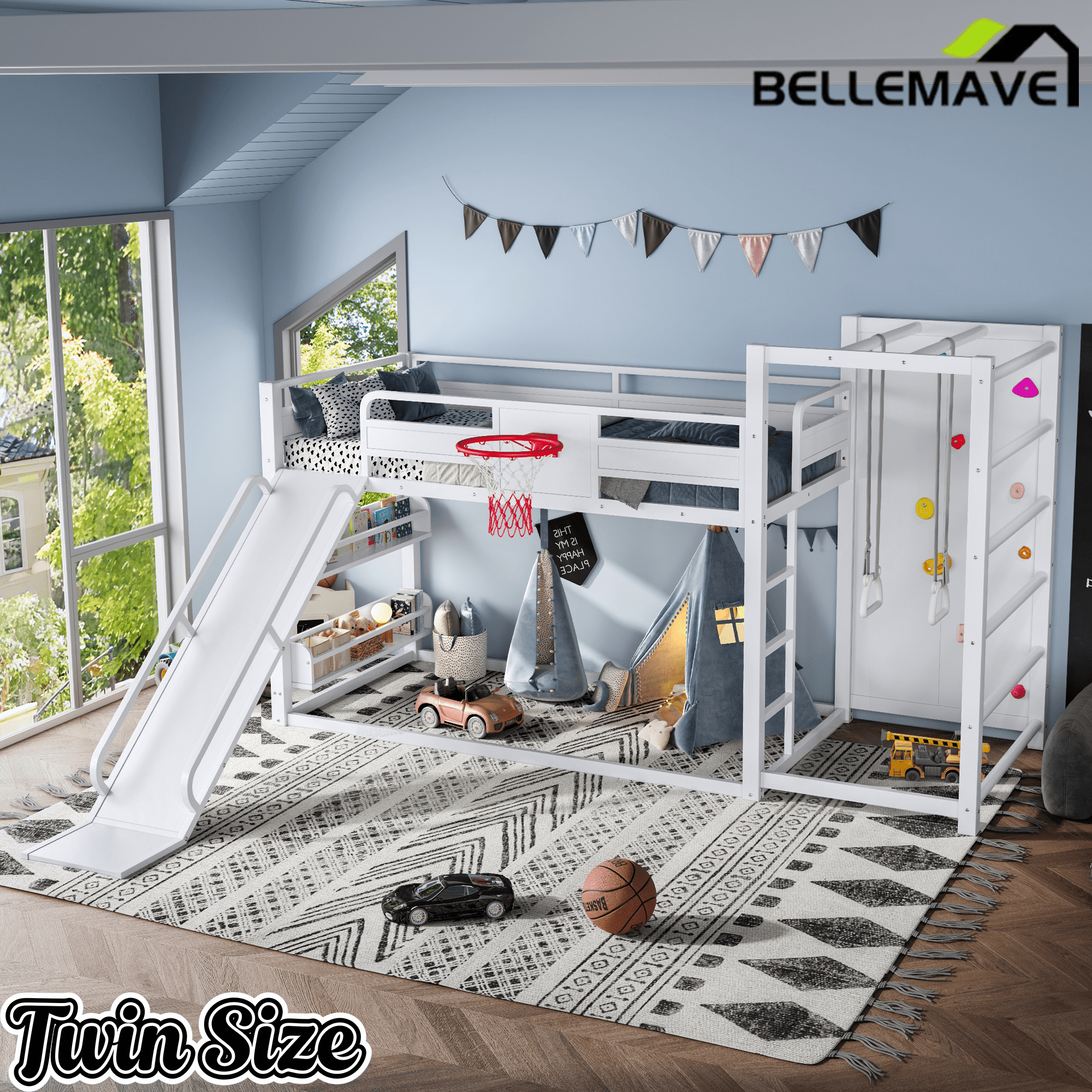 Bellemave® Kids Metal Twin/Full Bunk Bed with Slide, Basketball Hoop and Climbing Wall, Space - Saving Play Loft Bed Frame, Black - Bellemave