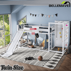 Bellemave® Kids Metal Twin/Full Bunk Bed with Slide, Basketball Hoop and Climbing Wall, Space - Saving Play Loft Bed Frame, Black - Bellemave