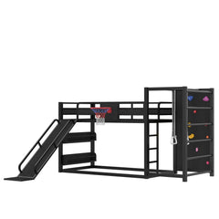 Bellemave® Kids Metal Twin/Full Bunk Bed with Slide, Basketball Hoop and Climbing Wall, Space - Saving Play Loft Bed Frame, Black - Bellemave