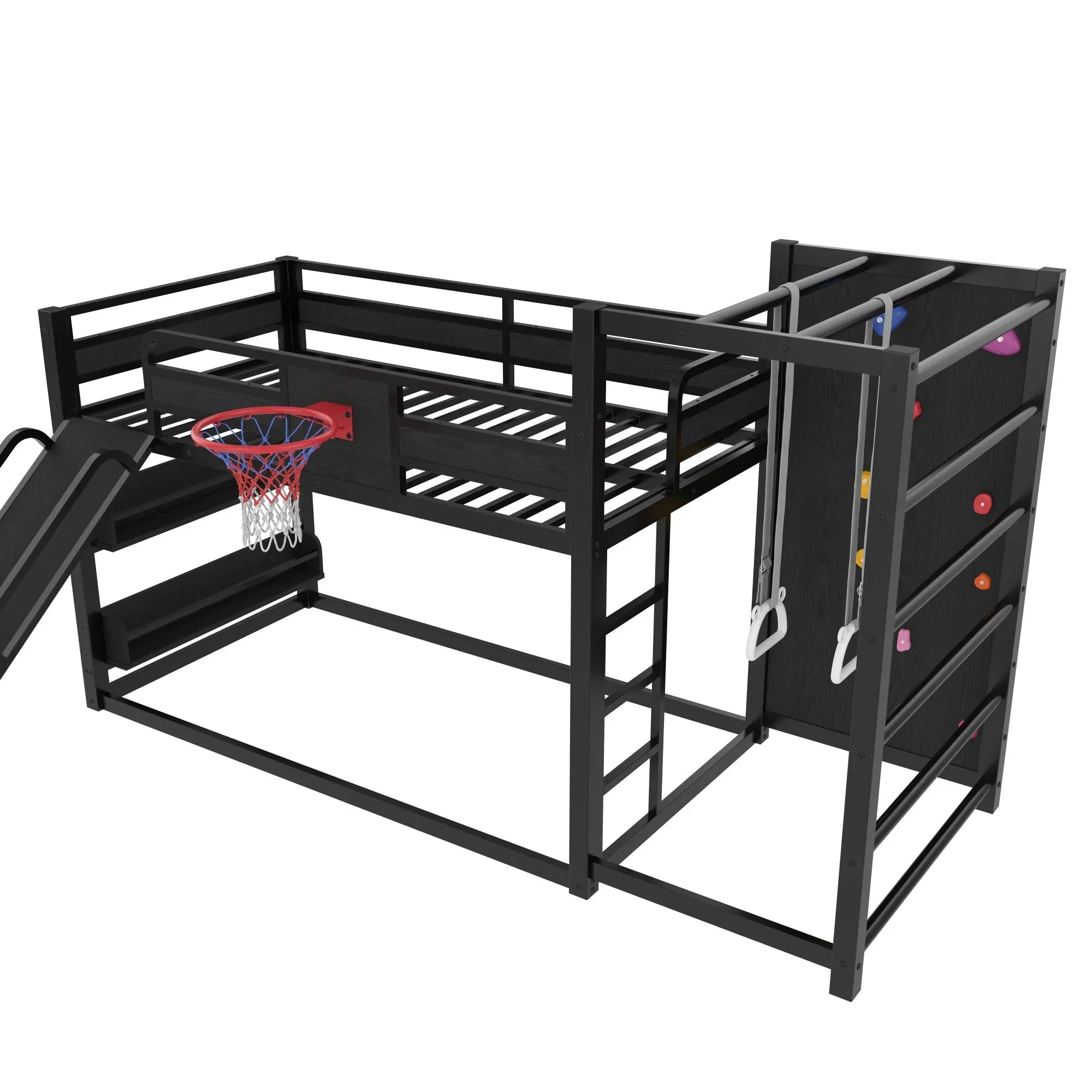 Bellemave® Kids Metal Twin/Full Bunk Bed with Slide, Basketball Hoop and Climbing Wall, Space - Saving Play Loft Bed Frame, Black - Bellemave