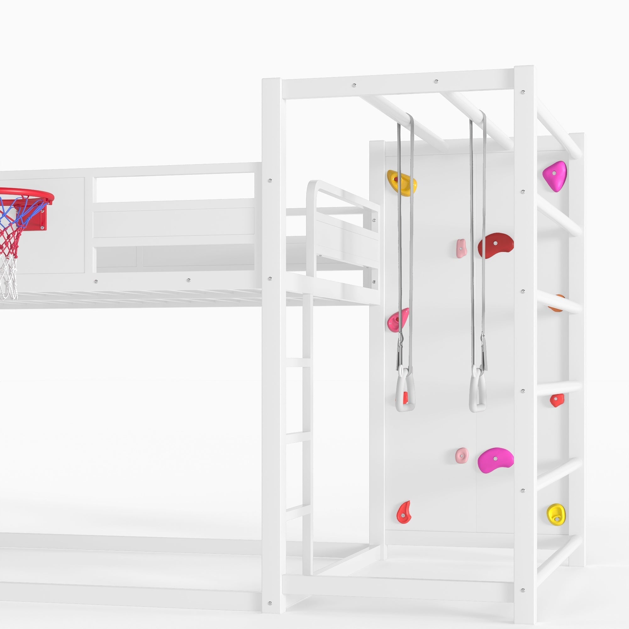 Bellemave® Kids Metal Twin/Full Bunk Bed with Slide, Basketball Hoop and Climbing Wall, Space - Saving Play Loft Bed Frame, Black - Bellemave