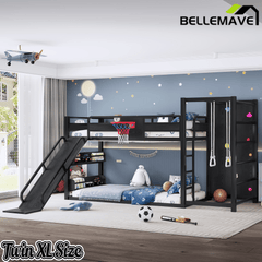 Bellemave® Kids Metal Twin/Full Bunk Bed with Slide, Basketball Hoop and Climbing Wall, Space - Saving Play Loft Bed Frame, Black - Bellemave