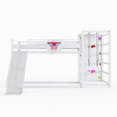 Bellemave® Kids Metal Twin/Full Bunk Bed with Slide, Basketball Hoop and Climbing Wall, Space - Saving Play Loft Bed Frame, Black - Bellemave