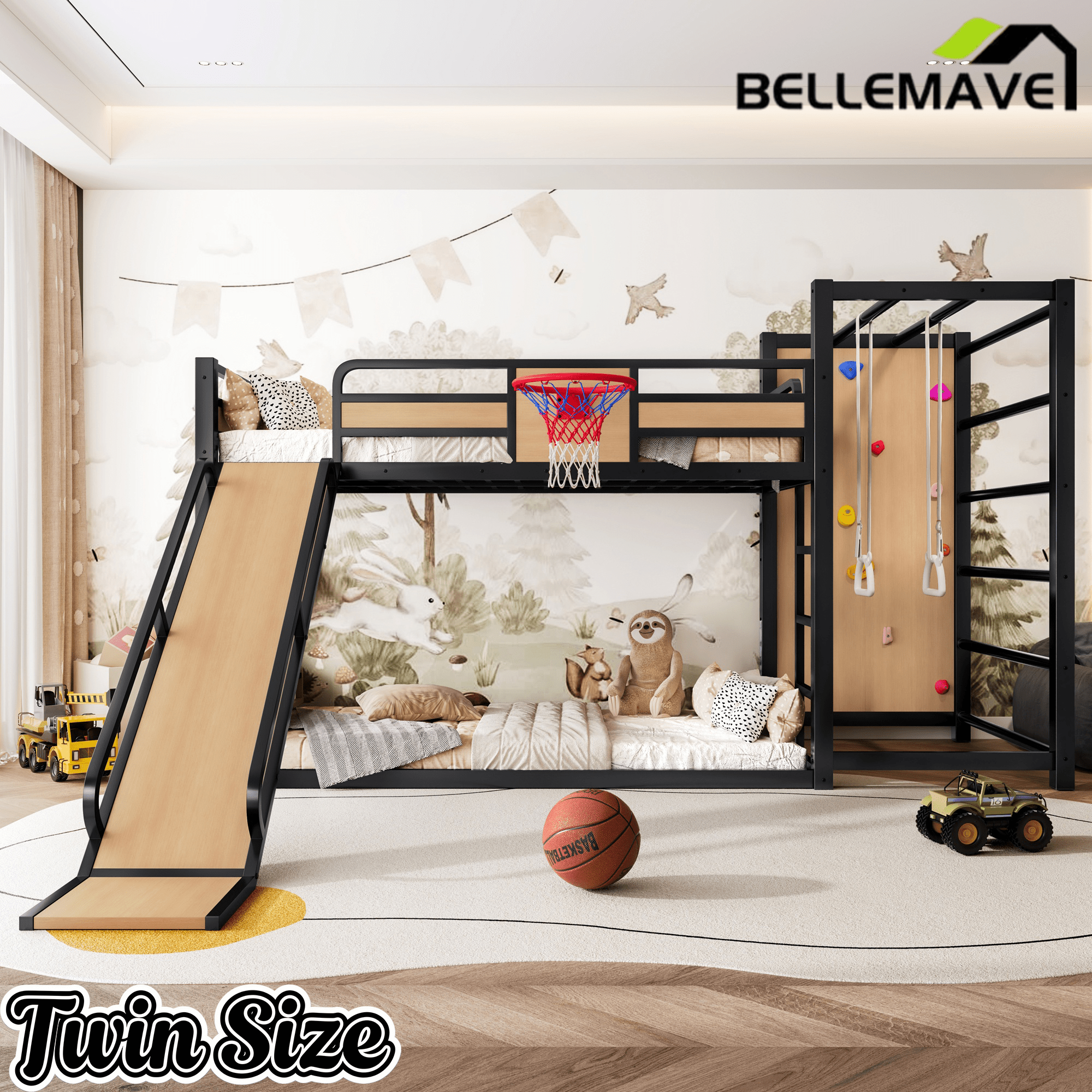 Bellemave® Kids Metal Twin/Full Bunk Bed with Slide, Basketball Hoop and Climbing Wall, Space - Saving Play Loft Bed Frame, Black - Bellemave