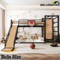 Bellemave® Kids Metal Twin/Full Bunk Bed with Slide, Basketball Hoop and Climbing Wall, Space - Saving Play Loft Bed Frame, Black - Bellemave