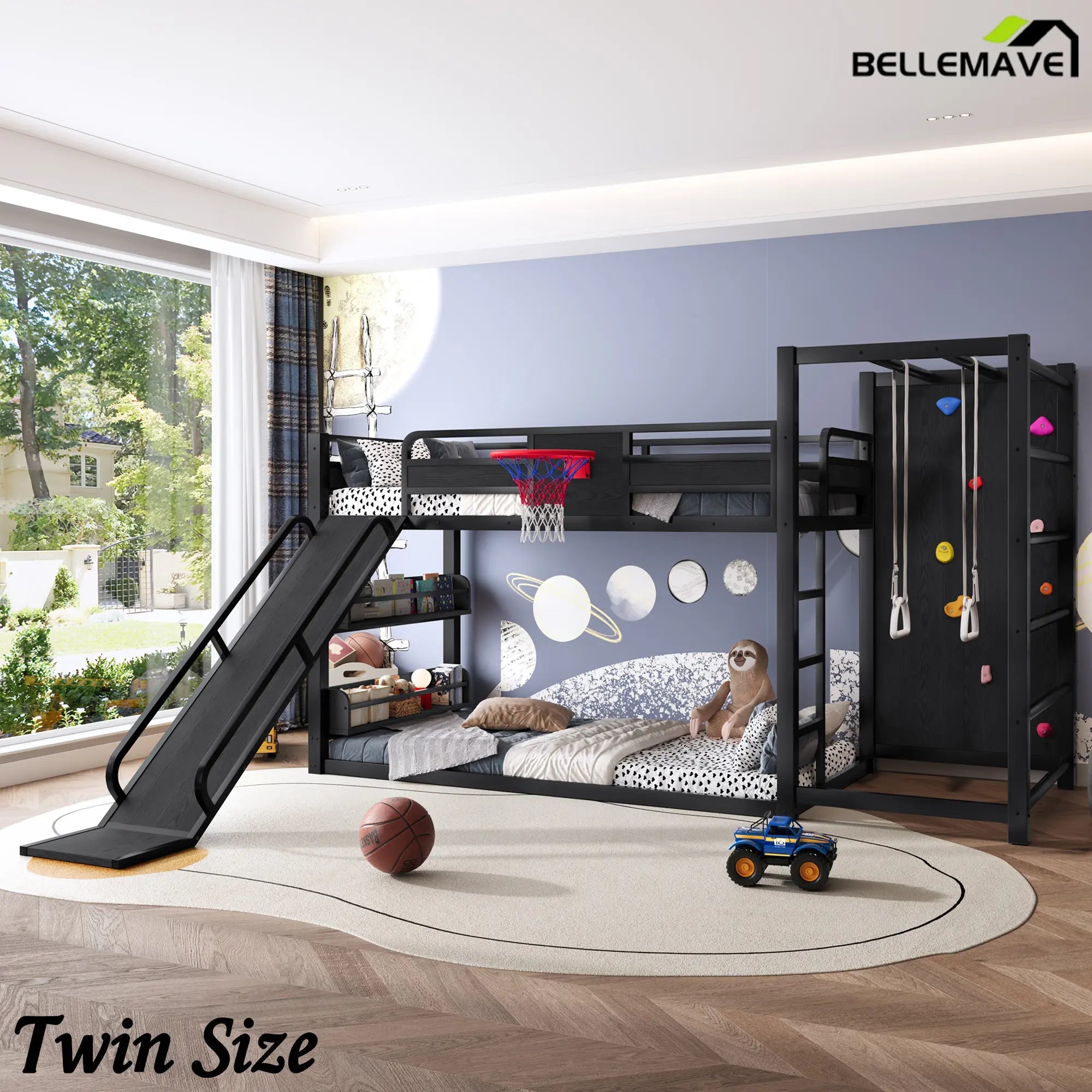 Bellemave® Kids Metal Twin/Full Bunk Bed with Slide, Basketball Hoop and Climbing Wall, Space - Saving Play Loft Bed Frame, Black - Bellemave