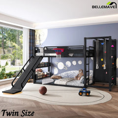 Bellemave® Kids Metal Twin/Full Bunk Bed with Slide, Basketball Hoop and Climbing Wall, Space - Saving Play Loft Bed Frame, Black - Bellemave