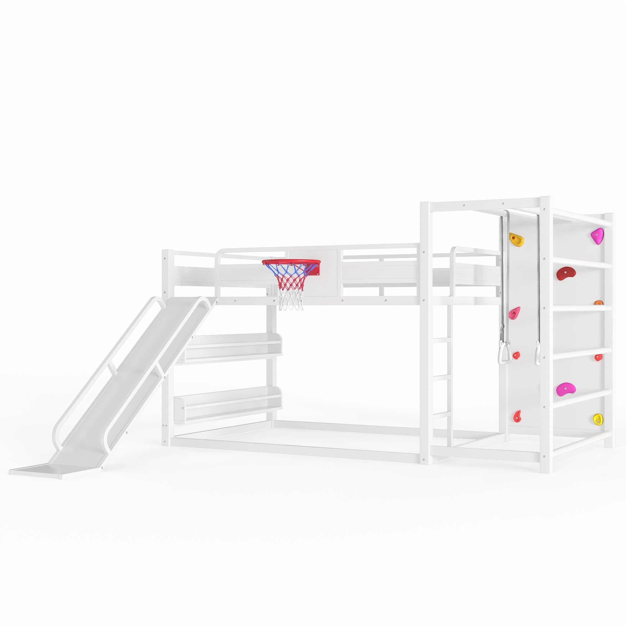 Bellemave® Kids Metal Twin/Full Bunk Bed with Slide, Basketball Hoop and Climbing Wall, Space - Saving Play Loft Bed Frame, Black - Bellemave