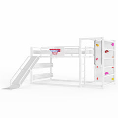 Bellemave® Kids Metal Twin/Full Bunk Bed with Slide, Basketball Hoop and Climbing Wall, Space - Saving Play Loft Bed Frame, Black - Bellemave