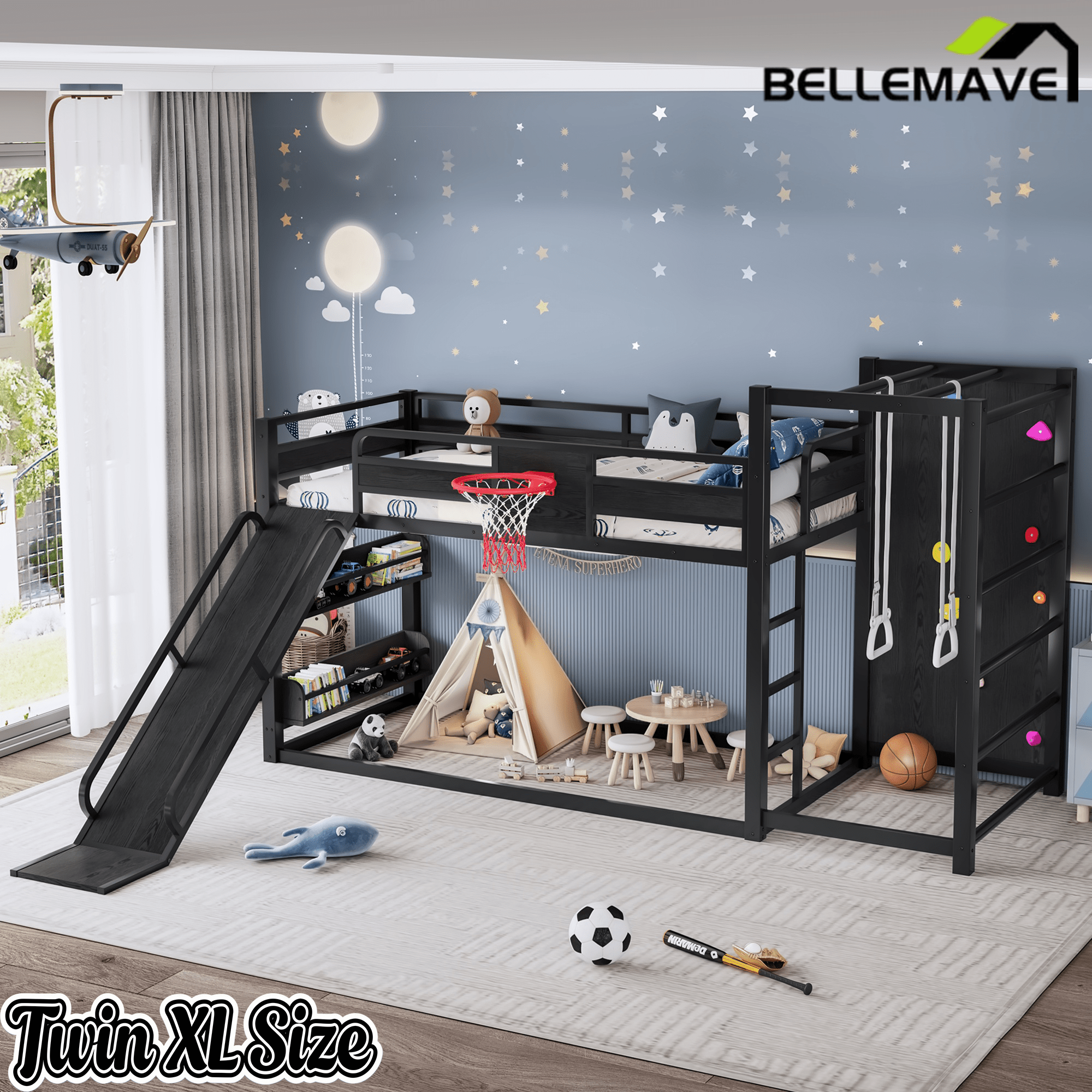 Bellemave® Kids Metal Twin/Full Bunk Bed with Slide, Basketball Hoop and Climbing Wall, Space - Saving Play Loft Bed Frame, Black - Bellemave