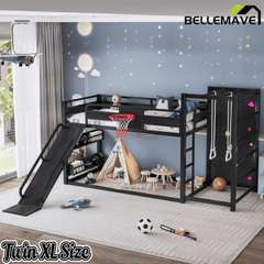 Bellemave® Kids Metal Twin/Full Bunk Bed with Slide, Basketball Hoop and Climbing Wall, Space - Saving Play Loft Bed Frame, Black - Bellemave