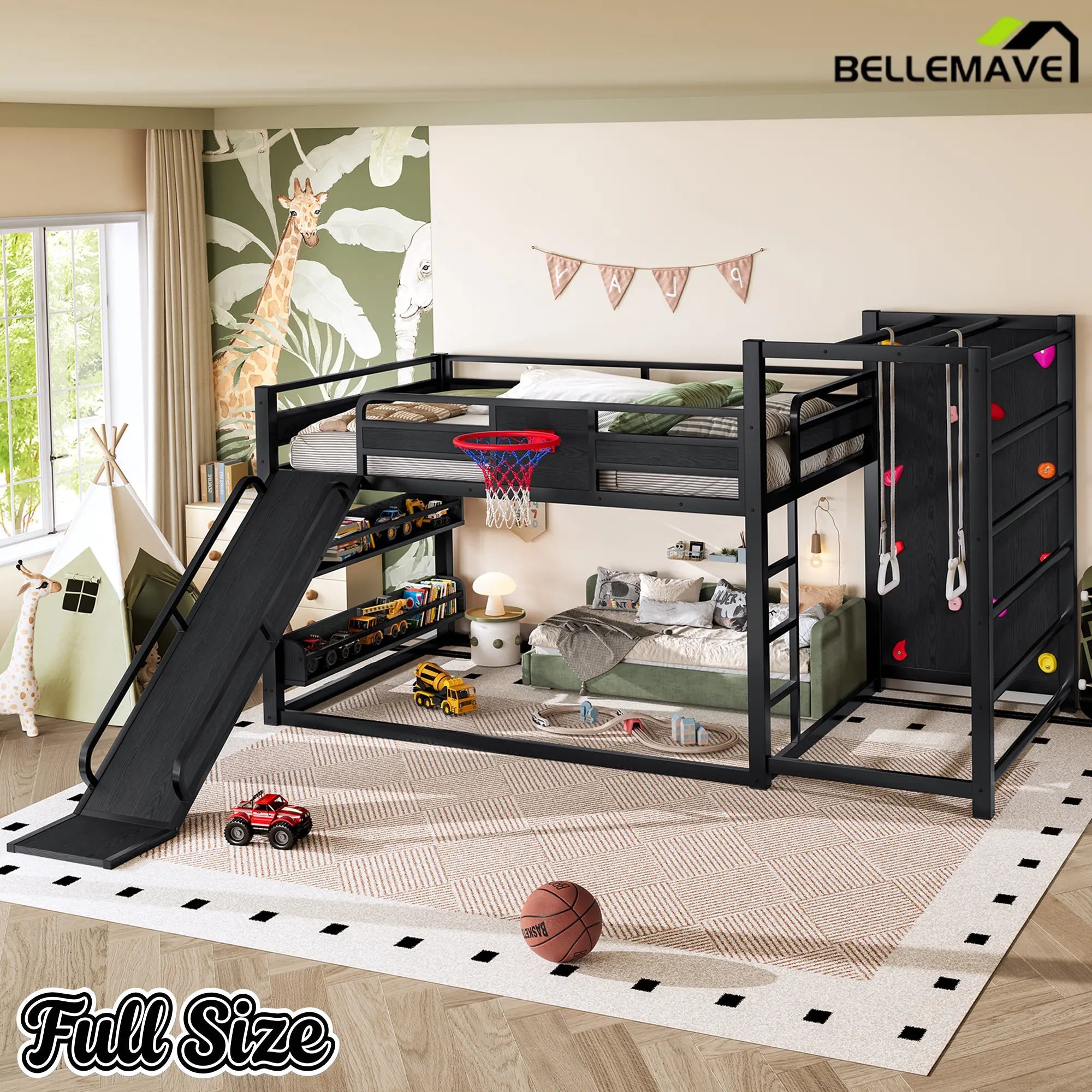 Bellemave® Kids Metal Twin/Full Bunk Bed with Slide, Basketball Hoop and Climbing Wall, Space - Saving Play Loft Bed Frame, Black - Bellemave