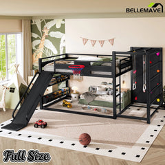 Bellemave® Kids Metal Twin/Full Bunk Bed with Slide, Basketball Hoop and Climbing Wall, Space - Saving Play Loft Bed Frame, Black - Bellemave