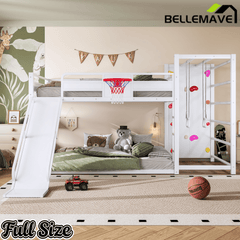 Bellemave® Kids Metal Twin/Full Bunk Bed with Slide, Basketball Hoop and Climbing Wall, Space - Saving Play Loft Bed Frame, Black - Bellemave