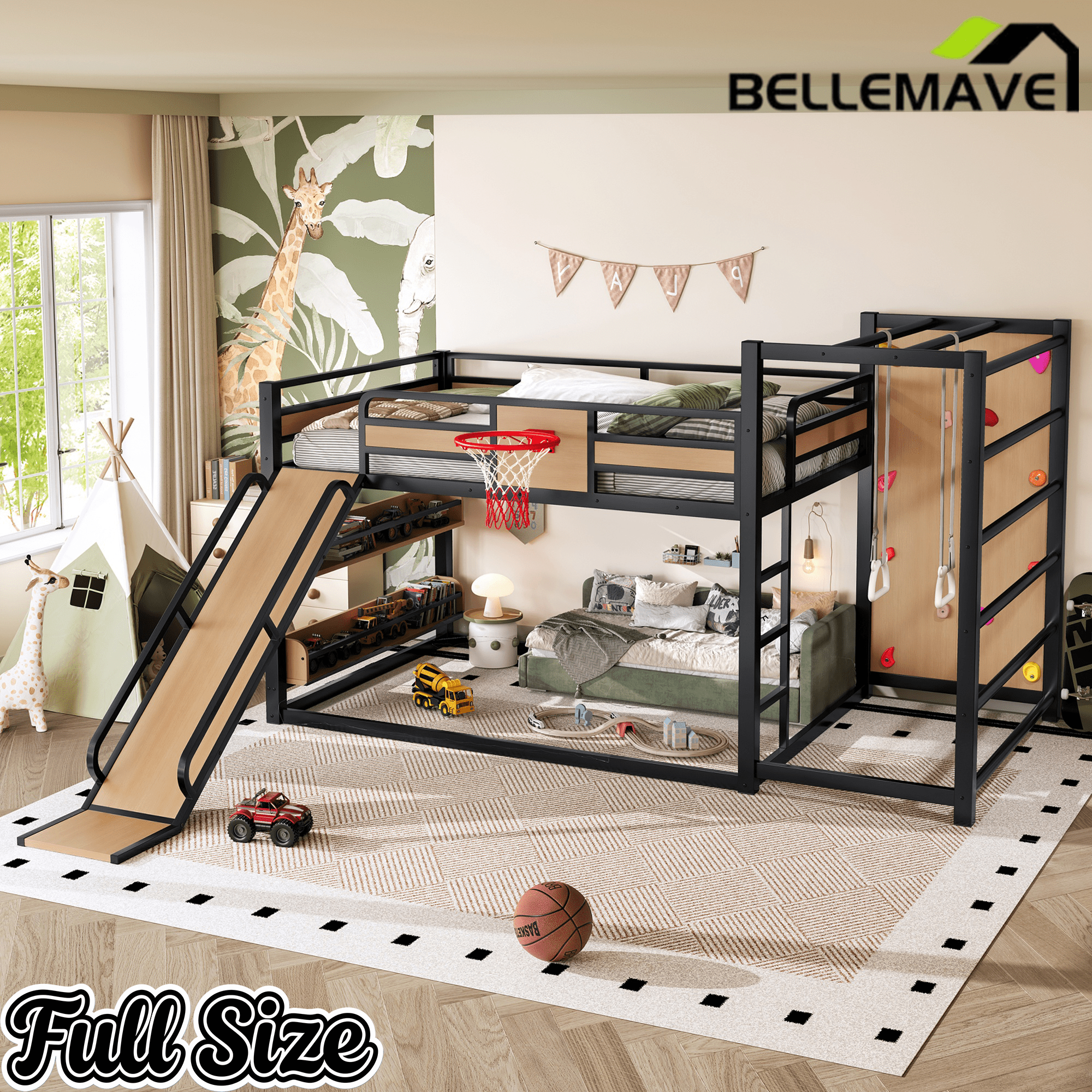 Bellemave® Kids Metal Twin/Full Bunk Bed with Slide, Basketball Hoop and Climbing Wall, Space - Saving Play Loft Bed Frame, Black - Bellemave